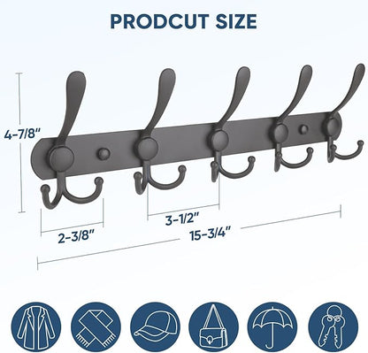 TICONN Wall Mounted Coat Rack, Five Heavy Duty Tri Hooks All Metal Construction for Jacket Coat Hat in Mudroom Entryway (Space Gray, 1-Pack)