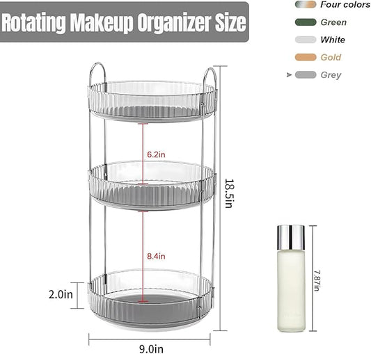 360 Rotating Makeup Organizer for Vanity, Bathroom Countertop Spinning Perfume Organizer, High-Capacity Cosmetic and Skincare Dresser Make Up Holder Rack (3 Tiers, Grey)