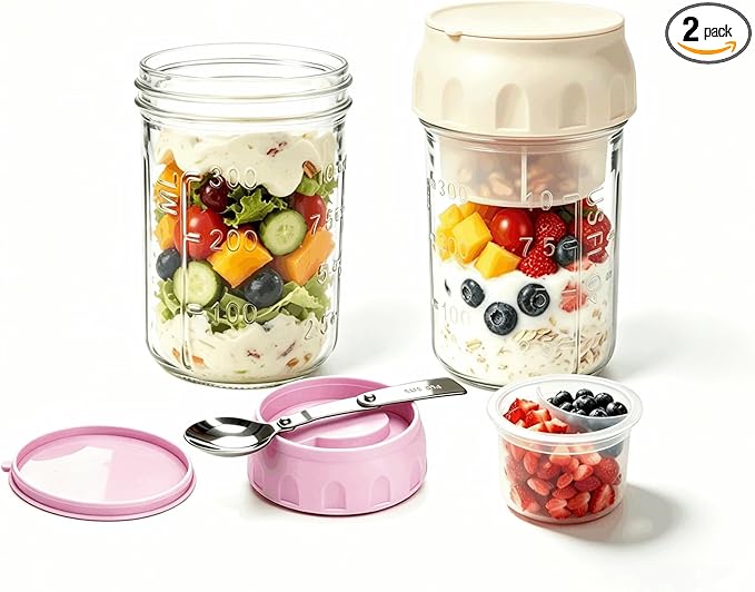 Overnight Oats Containers with Lids and Spoon 2 Pack, 16oz Leakproof Glass Oat Over night Jar with Seperate Compartment for Fruit & Nuts, Mason Jars for Oatmeal Yogurt Chia Seed Pudding Meal Prep
