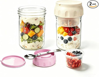 Overnight Oats Containers with Lids and Spoon 2 Pack, 16oz Leakproof Glass Oat Over night Jar with Seperate Compartment for Fruit & Nuts, Mason Jars for Oatmeal Yogurt Chia Seed Pudding Meal Prep