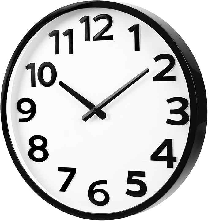 16 Inch Wall Clock - Large 3D Numbers Easy to Read, Silent Non-Ticking Battery Operated Analog Quartz Round Clock for Home, Office, Classroom, Seniors - Black