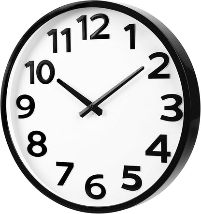 16 Inch Wall Clock - Large 3D Numbers Easy to Read, Silent Non-Ticking Battery Operated Analog Quartz Round Clock for Home, Office, Classroom, Seniors - Black