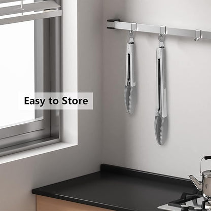 2 Pack Silicone Kitchen Tongs – 9" & 12" Set, Heat Resistant up to 500°F, Non‑Stick Cookware Safe, Wavy Silicone Tips, BPA Free, Locking Clip & Hanging Loop, Grey