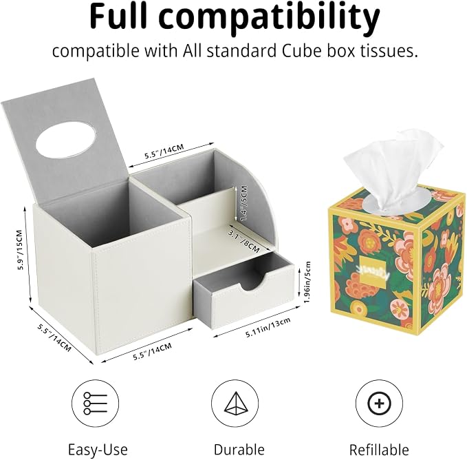 PUSU Square Tissue Box Cover with Storage Drawer, PU Leather Facial Tissues Cube Boxes Holder, Modern Makeup Remote Control Holder, Nightstand Organizer Caddy for Bathroom Vanity, Office, Home Decor
