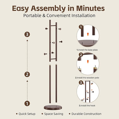 Uniclinens Wood Coat Rack Freestanding - Heavy Duty Freestanding Coat Rack, Wooden Coat Stand with 6 Hooks Creative Tree Branch-look for Entryway, Hallway, Bedroom (Dark Walnut)