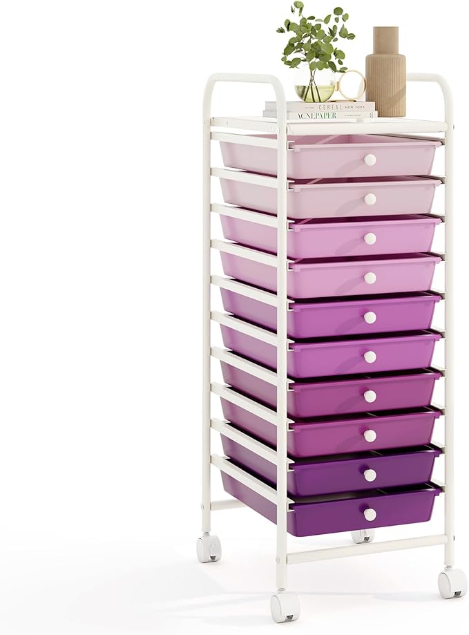 RELAX4LIFE 10 Drawer Rolling Cart - Slim Storage Cart w/Lockable Wheels for Classroom School Teacher Office, Art Supplies Paper Scrapbook Craft Organizers, Utility Cart with Drawers (Gradient Purple)