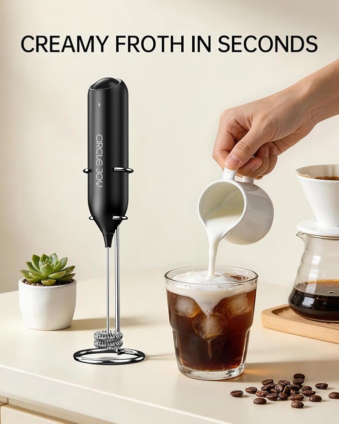 CIRCLE JOY Rechargeable Milk Frother Handheld with Stand, Dual Spring Whisk Head Electric Coffee Frother Foam Maker, Portable Drink Mixer for Cappuccino, Latte, Matcha, Black