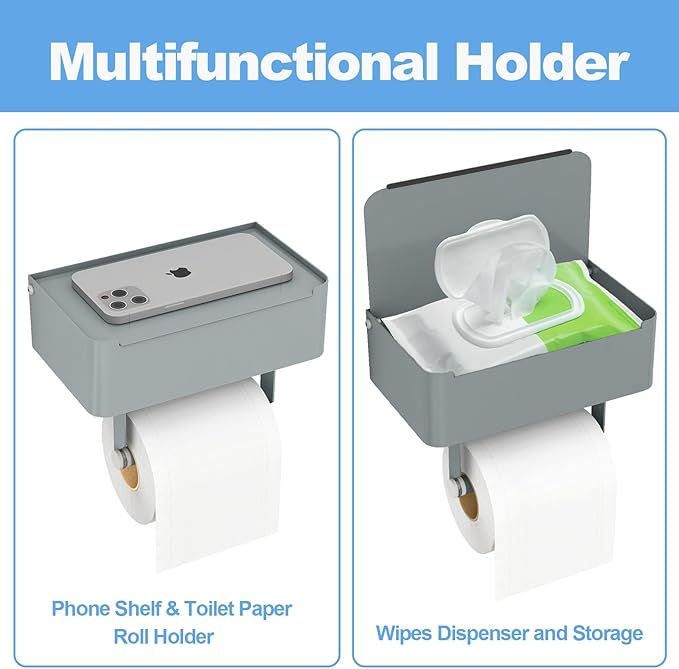 JUYSON Toilet Paper Holder with Shelf, Flushable Wipes Dispenser Fits for Bathroom Wipe Storage, Keep Your Wipes Hidden Out of Sight - SUS304 Stainless Steel Wall Mount Organizer (Grey)