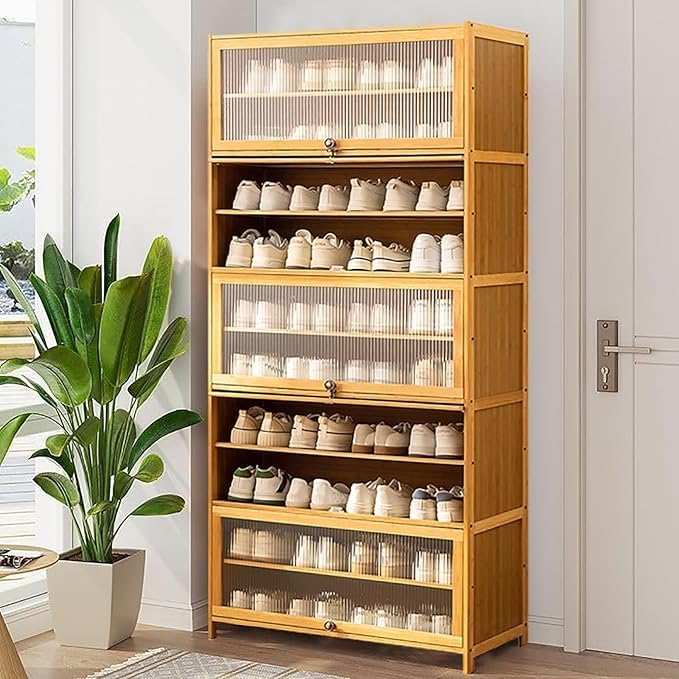 Tall Bamboo Shoe Cabinet with Doors, 10-Tier Shoe Rack for Closet, Freestanding Shoe Storage Cabinet for Hallway Living Room (Brown-06)