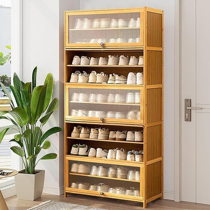 Tall Bamboo Shoe Cabinet with Doors, 10-Tier Shoe Rack for Closet, Freestanding Shoe Storage Cabinet for Hallway Living Room (Brown-06)