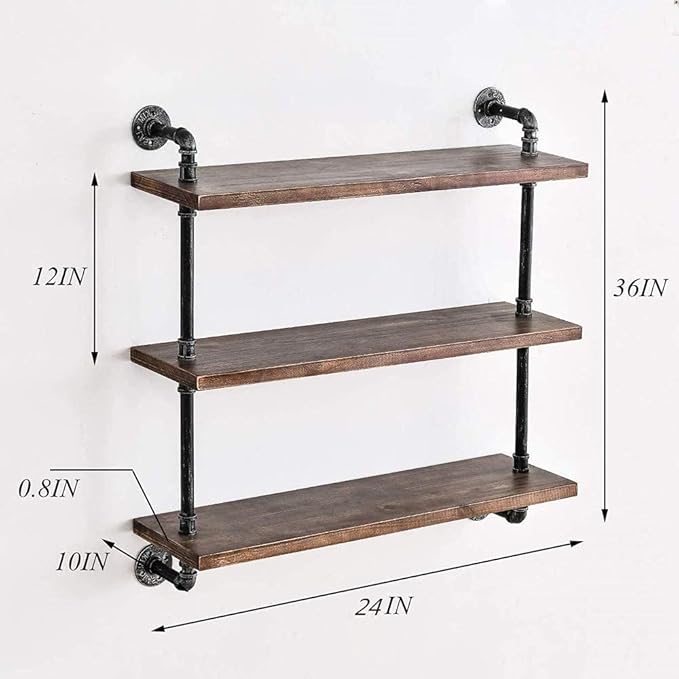 DR.IRON Industrial Pipe Shelves Wall Shelving Rustic Wood Shelf Storage Shelves 3 Tiers Wall Mount Pipe Design DIY Shelf Retro Wall Shelving (Black, 24" L)