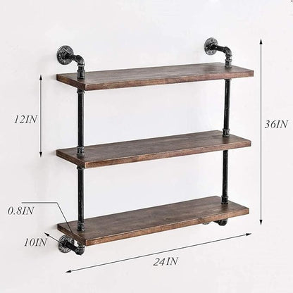 DR.IRON Industrial Pipe Shelves Wall Shelving Rustic Wood Shelf Storage Shelves 3 Tiers Wall Mount Pipe Design DIY Shelf Retro Wall Shelving (Black, 24" L)