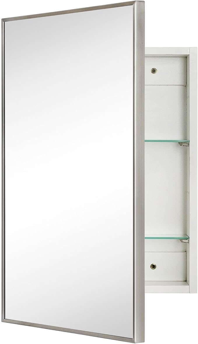 TEHOME 16.5'' x 24'' Brushed Nickel Recessed and Surface Mount Bathroom Medicine Cabinet with Mirror Square Cornered Metal Framed Rounded Rectangle Medicine Cabinet Mirror