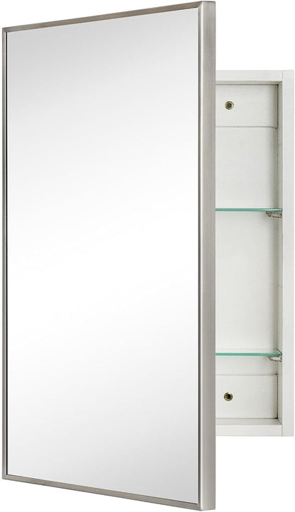 TEHOME 16.5'' x 24'' Brushed Nickel Recessed and Surface Mount Bathroom Medicine Cabinet with Mirror Square Cornered Metal Framed Rounded Rectangle Medicine Cabinet Mirror