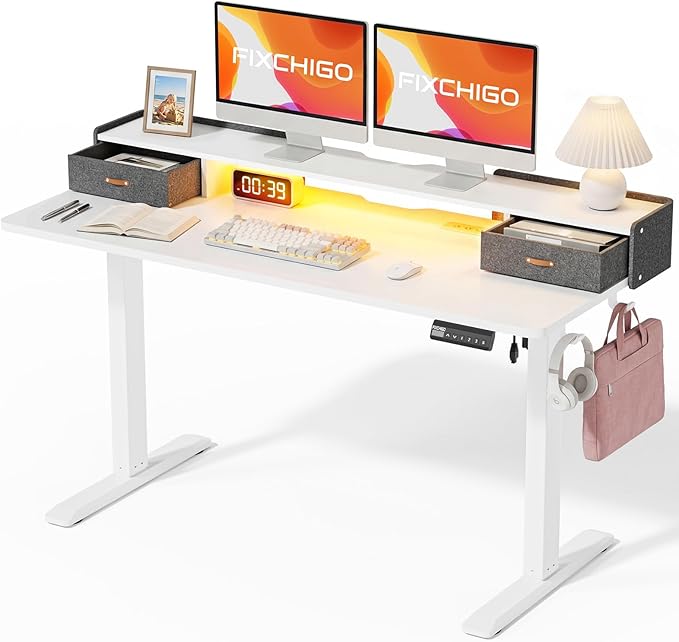 Electric Standing Desk with Drawers, 55 Inch Height Adjustable Desk with Power Outlets & LED Lights, Sit Stand Table with Monitor Stand for Home, Office, White