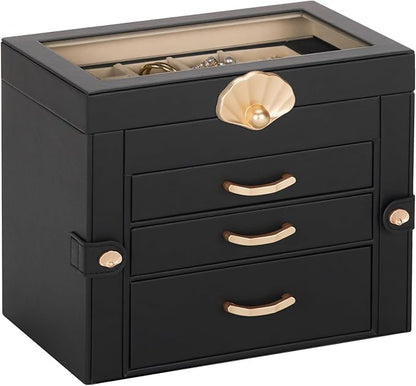 Jewelry Box with 3 Drawers: Display Organizer for Earrings Necklaces - Gifts for Girls Women (Black)