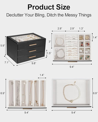 GUOER Jewelry Box for Women, Glass Lid Jewelry Organizer with 3 Drawers PU Jewelry Storage Case for Necklaces Rings Earrings Bracelets, Black
