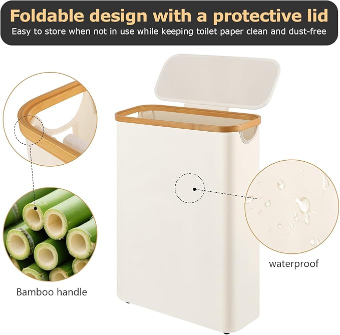 Extra Large Toilet Paper Storage Basket with Lid 49L Slim Toilet Paper Basket Holder Bin Container Organizer for Bathroom Hold up to 20 Regular Rolls or 15 Mega Rolls