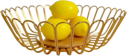 7UYUU Gold Fruit Basket Metal Wire Fruit Basket Bowl Kitchen Countertop Large Storage Serving Holder for Lemon Banana Onion - Wooden Stand - 12 Inch (Gold Wood)