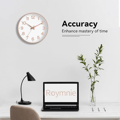 Roymnie Wall Clock 10 Inch Silent Wall Clocks Battery Operated-Modern Non Ticking Analog Clock Decorative for Kitchen Bedroom Office Bathroom(White Rose Gold)