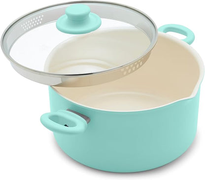 GreenLife 6QT Nonstick Stockpot with Straining Lid, Soft Grip, PFAS-Free Ceramic, Pour Spout, Multipurpose Cooking Pot, Sauces & Soups, Milk Pan, Stay-Cool Handles, Dishwasher & Oven Safe, Turquoise