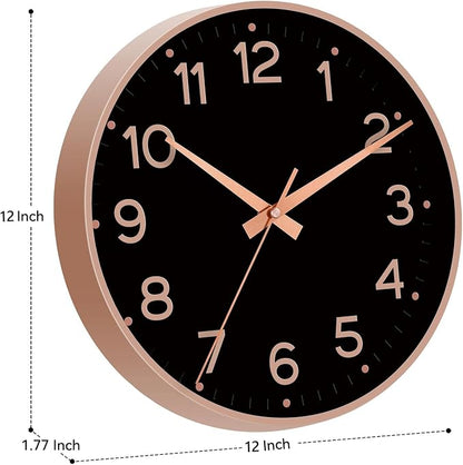 Roymnie Wall Clock 12 Inch Silent Wall Clocks Battery Operated-Modern Non Ticking Analog Clock Decorative for Kitchen Bedroom Office (Black Rose Gold)