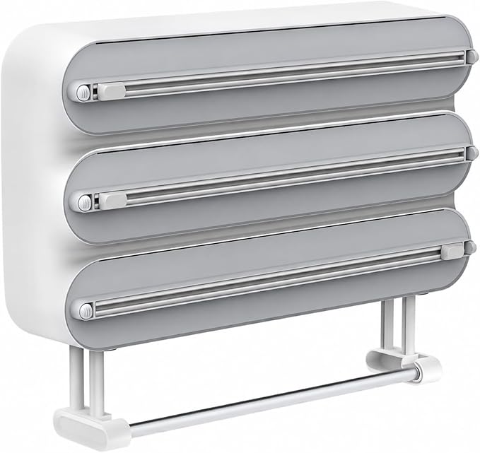 Kitchen Wrap Organizer Wall Mount — Plastic Wrap, Aluminum Foil, Parchment Paper & Paper Towel Holder, 4-in-1 Magnetic Cabinet Organizer, Space Saving ABS Kitchen Storage