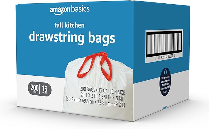 Amazon Basics Tall Kitchen Drawstring Trash Bags, Sturdy, 13 Gallon, Unscented, 200 Count