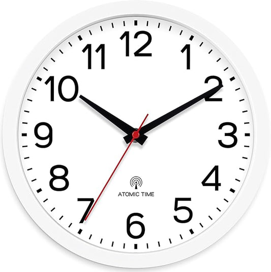 AKCISOT Atomic 10 Inch Wall Clock, Analog Indoor Battery Operated Clock for Kitchen Bedroom Office Classroom Living Room (White)