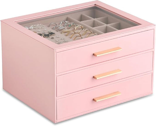 Frebeauty Clear Lid Jewelry Box,3-Layer Jewelry Organizer with Drawer,PU Leather Jewelry Organizers and Storage,Jewelry Boxes for Women,Jewelry Storage for Rings Earring Stud,Gift for Women(Pink)