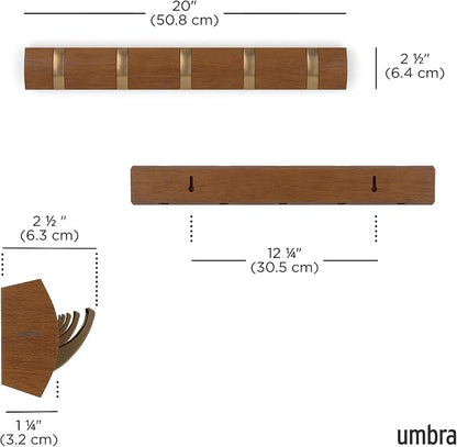 Umbra Flip Wall-Mounted Coat Rack with 5 Hooks – Modern, Space-Saving Storage for Hats, Jackets, Bags, Entryway, Mudroom, Closet, Bathroom, Bedroom – Light Walnut/Gold