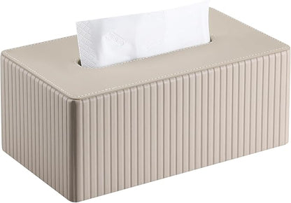 KINGFOM PU Leather Tissue Box Cover Rectangular Tissue Box Holder with Magnetic Bottom, Napkin & Facial Tissue Holder Dispenser for Home, Office (Decorative Pattern-PU Leather, Beige Stripe)