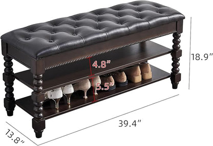 Shoe Storage Bench with Cushion, Entry Bench with Storage Solid Wood Shoe Bench Ideal for Entryway Living Room and Corridor (Walnut 39.4'')