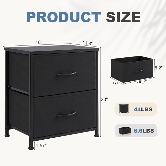 DUMOS Nightstand Set of 2, Small Dresser with 2 Fabric Drawers Side Bedroom End Table Kids Bedside Storage Furniture for 25 inch Tall Night Stand for Closet, Entryway, College Dorm, Ink