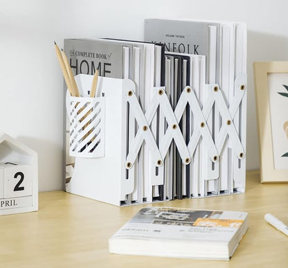 Kingsmile Book Ends, Adjustable Bookends for Shelves, Metal Bookends for Heavy Books, Book Stopper Organzier with Pen Holder for Desk, Kids Room, Office, Classroom, Library, Study Room.(White)