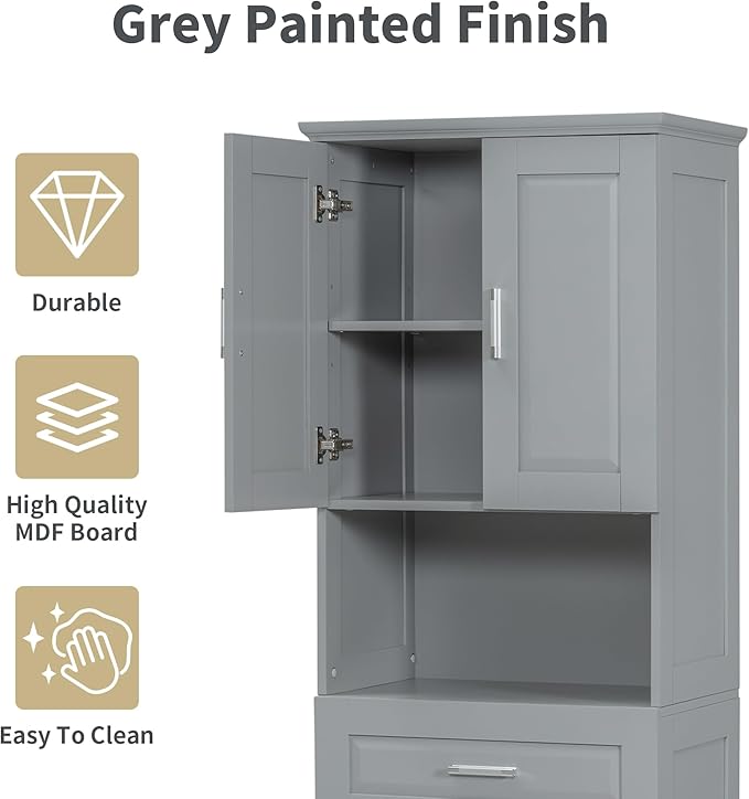 70" Tall Bathroom Storage Cabinet with Two Doors and Drawer, Open Space and Laundry Hampers for Home Display Organizer, Removable Laundry Basket, Adjustable Shelf, Gray