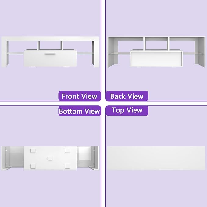 Clikuutory Modern Lighting 51 inch TV Stand with Large Storage Drawer for 32 40 50 55 Inch TVs, TV Console with 20 Color LED Lights, Entertainment Center Media and Open Shelf for Bedroom, White