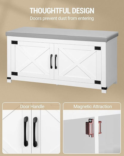 Shoe Storage Bench, 2 Tier Shoe Bench with Padded Seat Cushion & 2 Barn Doors, Entryway Bench with Adjustable Shelf, Farmhouse Shoe Cabinet for Living Room, Bedroom, White SB26603GY