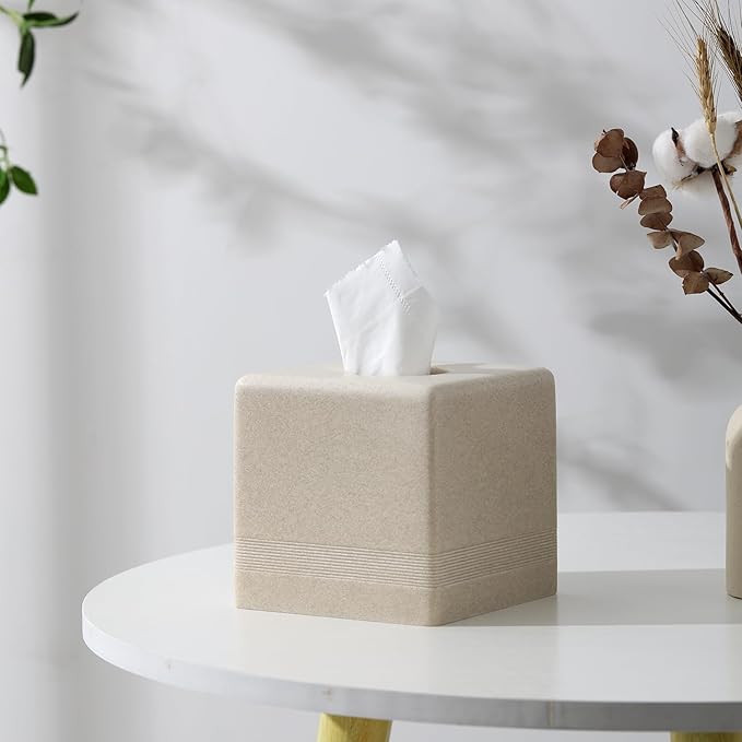 Haocoott Tissue Box Cover Square, Resin Facial Tissue Holder Covers Cube Toilet Paper Holder Case Dispenser Home Decorative for Bathroom Kitchen Bedroom Living Room Office (Beige)