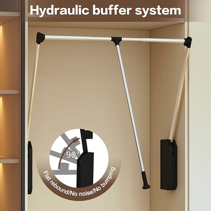 Pull Down Closet Rod - Adjustable 26-35 Inch Heavy Duty Hanging Rod with Soft-Close, Side & Back Mounted, 60 lbs Capacity for Closet & Wardrobe Organization