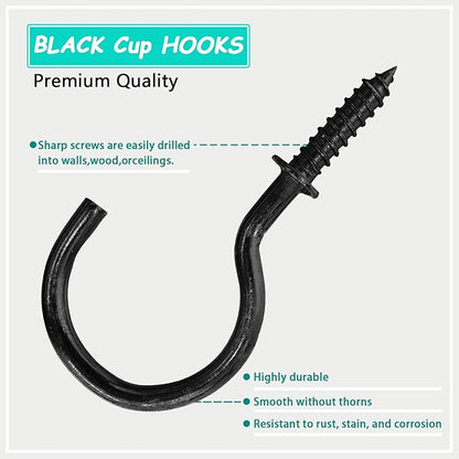 BDS-HOME 105pcs Ceiling Hooks, 6 Size Screw-in Cup Hooks Heavy Duty Hanging Hook for Plants, Cups String Light Kitchenware Tool Clothes Room Wall and Outdoor Decors (Black)