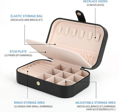Small Jewelry Box Necklace Ring Storage Organizer Mini Jewelry case Double Layer Travel Jewelry Organizer for Women Girls Gift/Black