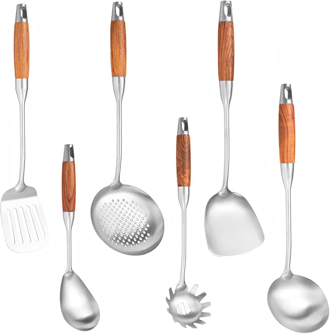 18/10 Stainless Steel Cooking Utensils with Wooden Handle, 6 PCS Stainless Steel Kitchen Utensils 12.5"-14", Wok Spatula, Ladle, Skimmer, Slotted Spatula Turner, Spaghetti Spoon, Large Spoon