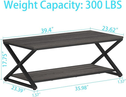 HSH Gray Storage Coffee Table, Modern Center Table for Living Room with Display Shelf, Simple Metal Wooden Rectangle Cocktail Tea Table, Minimalist Home Office Bedroom 2 Tier Coffee Table, 39 Inch