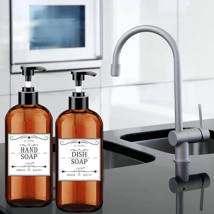 Soap Dispenser with Rust Proof Pump, Waterproof Labels (2 Pack,16 Oz) Bathroom, Plastic Hand Dish Soap Dispenser for Kitchen, Premium Thick Soap Pump Bottles (Amber)