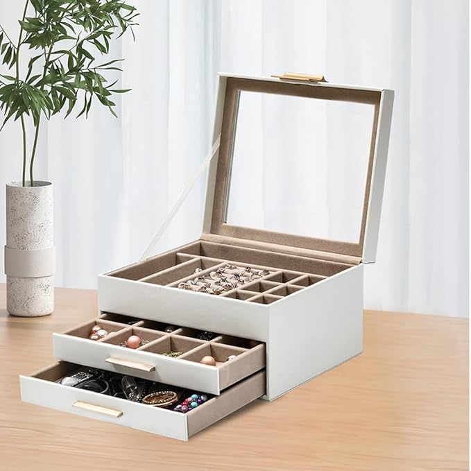 Jewelry Boxes with Glass Lid Display PU Leather Elegant Jewelry Organizer Women Multiple Drawers Stylish Storage Men for Rings Necklaces Accessories GY807 (White)