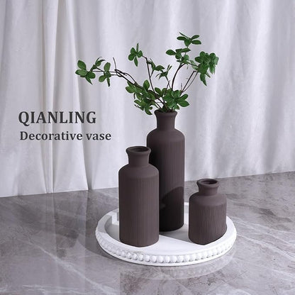 Brown Ceramic Vases Set - 3 Brown Small Vase, Farmhouse Country Vases Home Decor, Living Room Decoration, Table Decoration, Fireplace Decor, and Entrance Decorations Centerpieces