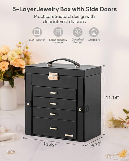 Homde Mothers Day Gifts Synthetic Leather Huge Jewelry Box Mirrored Watch Organizer Necklace Ring Earring Storage Lockable Gift Case (Black + Gold)