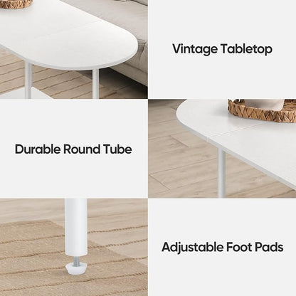 White Coffee Tables for Living Room,Mid Century Oval Center Table with Storage Shelf and Wood Tabletop,2-Tier Modern Narrow Cocktail Tea Table for Small Space,Small Apartment