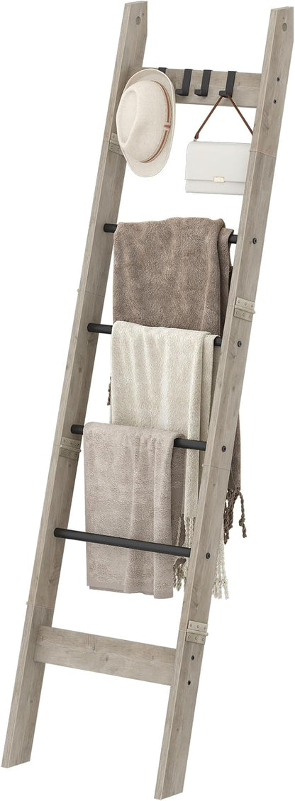 Hzuaneri Blanket Ladder for Living Room, Decorative Quilt Rack with 4 Removable Hooks, 6-Tier Farmhouse Ladder Holder Shelf Organizer for Bedroom, Greige and Black BR31505B